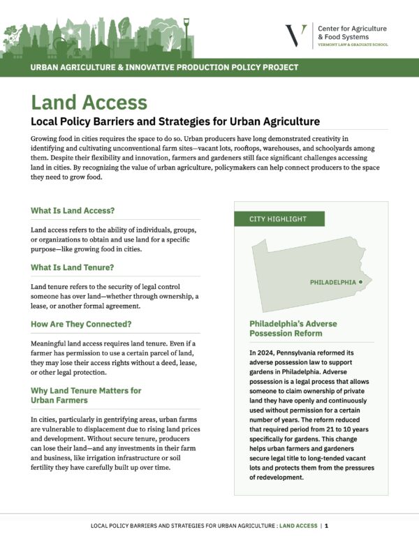 Fact Sheet: Land Access: Local Policy Barriers and Strategies for Urban Agriculture